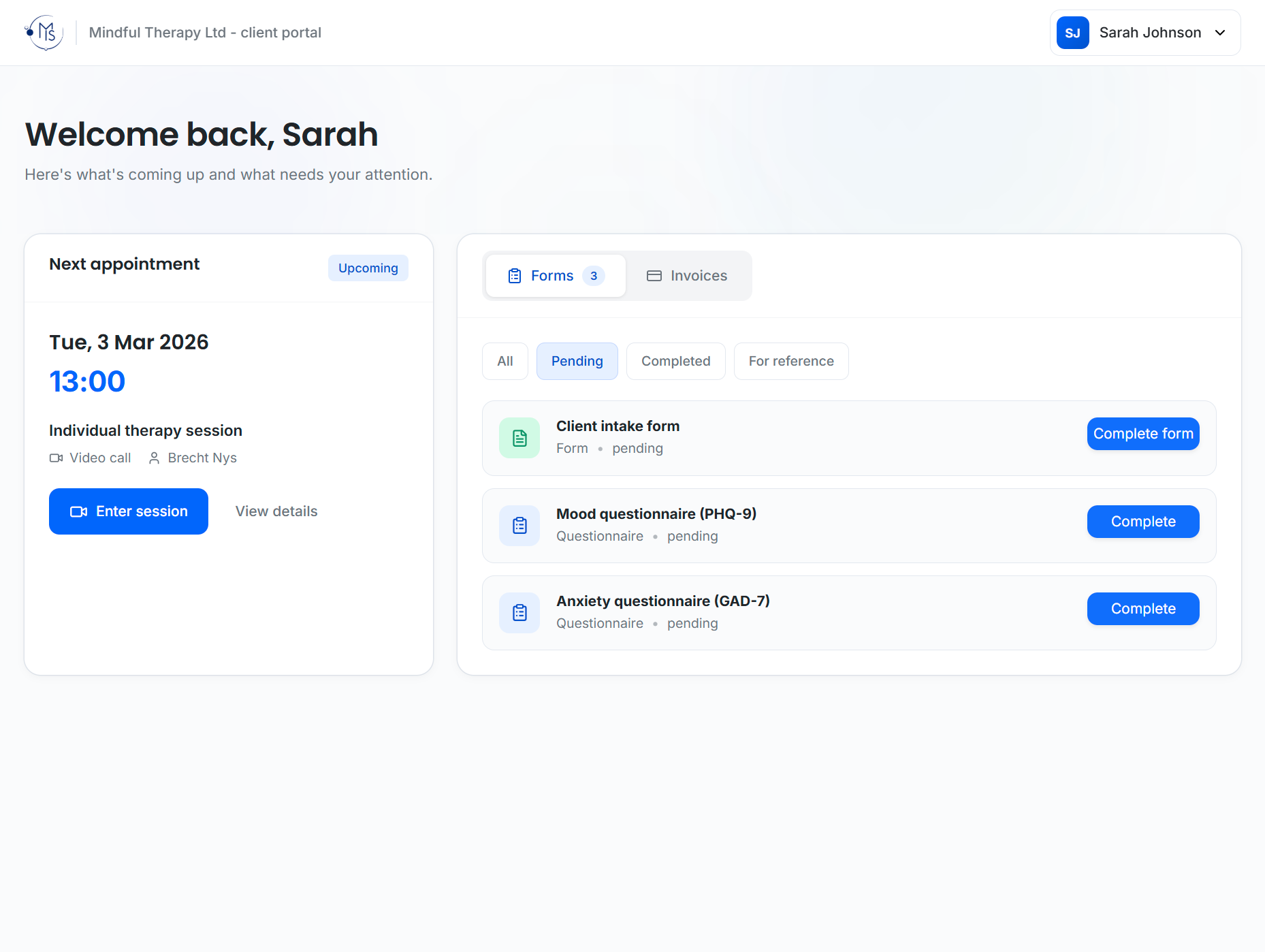 Client portal showing appointments and shared documents