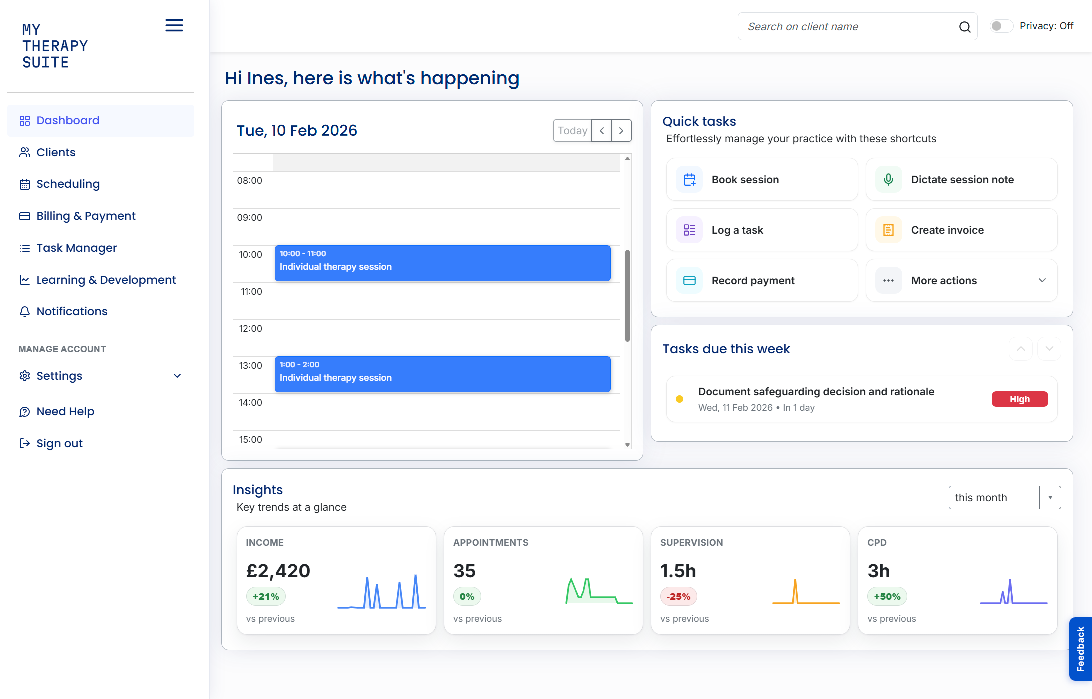 My Therapy Suite Dashboard showing calendar, client list, and task overview