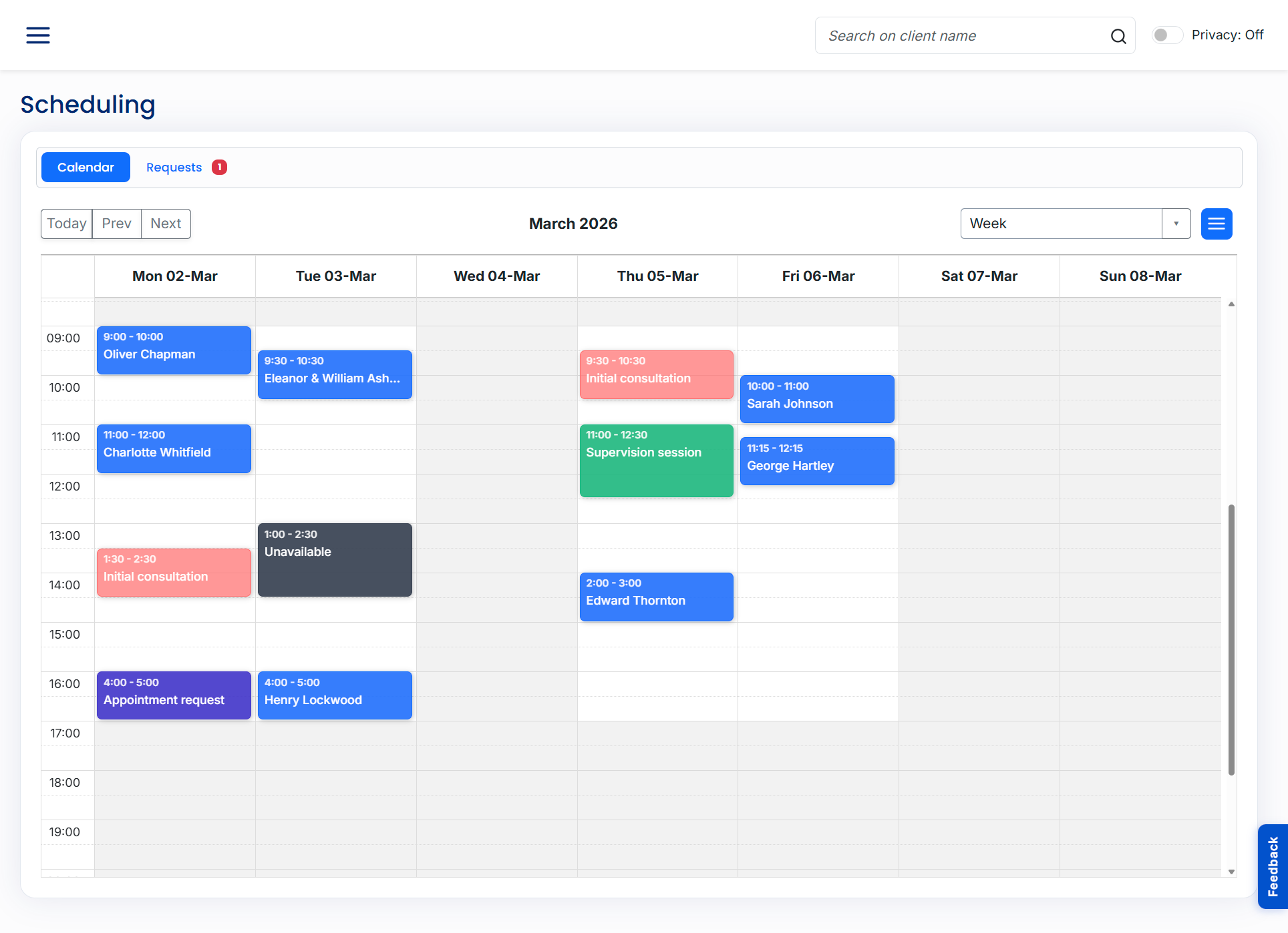 Calendar view showing weekly schedule with colour-coded sessions